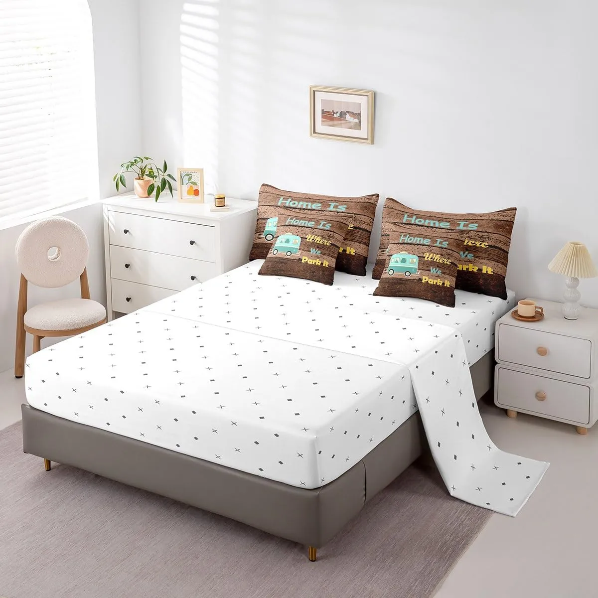 Erosebridal Kids Camper Full Comforter Set 7 Piece Happy Camping Rustic Farmhouse Bed in A Bag Travel Rv Camp Camping Bedding Set for Kids Boys Girls,Brown Vintage Wooden Planks Bed Set