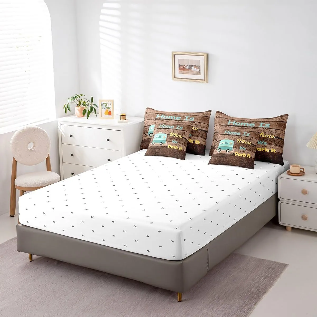 Erosebridal Kids Camper Full Comforter Set 7 Piece Happy Camping Rustic Farmhouse Bed in A Bag Travel Rv Camp Camping Bedding Set for Kids Boys Girls,Brown Vintage Wooden Planks Bed Set