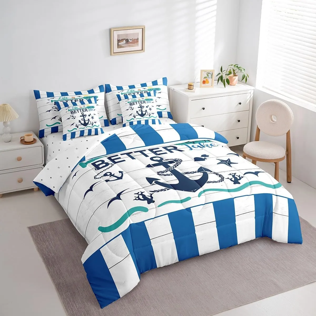 Erosebridal Nautical Anchor Bed in A Bag Twin,Coastal Starfish Coral Seagull Comforter Set,Rustic Lake House Bedding Sets,Farm Style Wooden Quilt with Flat Fitted Sheet,Pillow Covers,7 Pcs