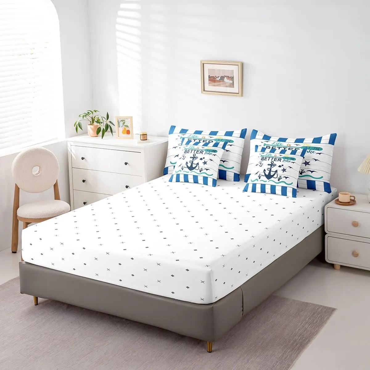 Erosebridal Nautical Anchor Bed in A Bag Twin,Coastal Starfish Coral Seagull Comforter Set,Rustic Lake House Bedding Sets,Farm Style Wooden Quilt with Flat Fitted Sheet,Pillow Covers,7 Pcs