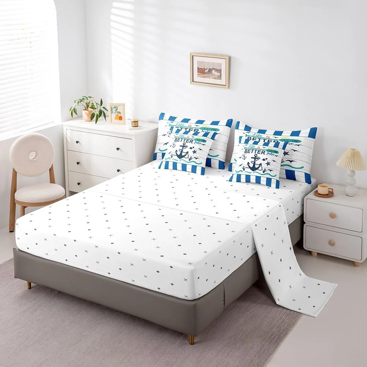 Erosebridal Nautical Anchor Bed in A Bag Twin,Coastal Starfish Coral Seagull Comforter Set,Rustic Lake House Bedding Sets,Farm Style Wooden Quilt with Flat Fitted Sheet,Pillow Covers,7 Pcs