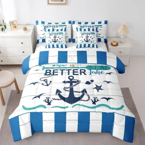 Erosebridal Nautical Anchor Bed in A Bag Twin,Coastal Starfish Coral Seagull Comforter Set,Rustic Lake House Bedding Sets,Farm Style Wooden Quilt with Flat Fitted Sheet,Pillow Covers,7 Pcs
