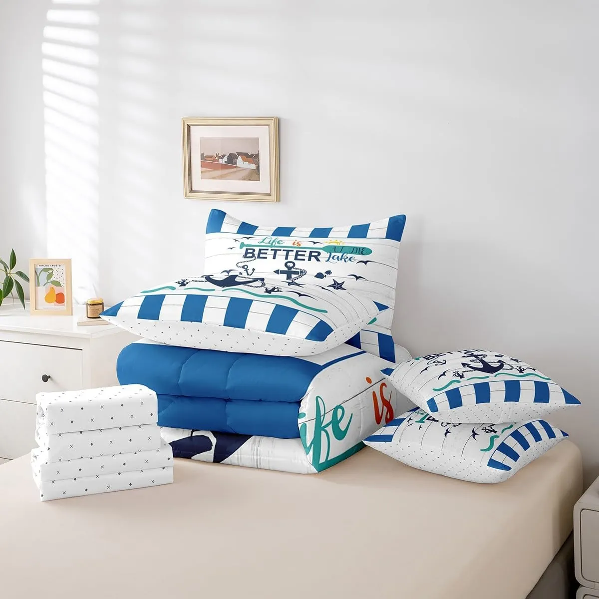 Erosebridal Nautical Anchor Bed in A Bag Twin,Coastal Starfish Coral Seagull Comforter Set,Rustic Lake House Bedding Sets,Farm Style Wooden Quilt with Flat Fitted Sheet,Pillow Covers,7 Pcs
