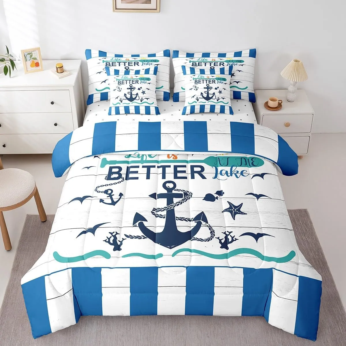 Erosebridal Nautical Anchor Bed in A Bag Twin,Coastal Starfish Coral Seagull Comforter Set,Rustic Lake House Bedding Sets,Farm Style Wooden Quilt with Flat Fitted Sheet,Pillow Covers,7 Pcs