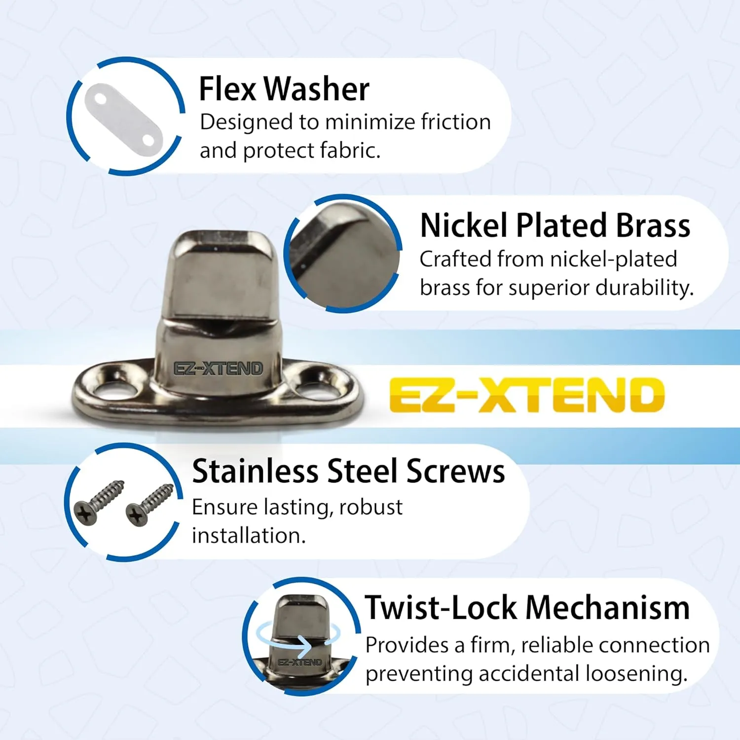 EZ-Xtend Marine Grade Twist Lock Fasteners - Nickel Plated Brass Turn Button Fastener with Stainless Steel Screws for Canvas, Marine Fastener Turn Buttons (Short Base - 10 PK)