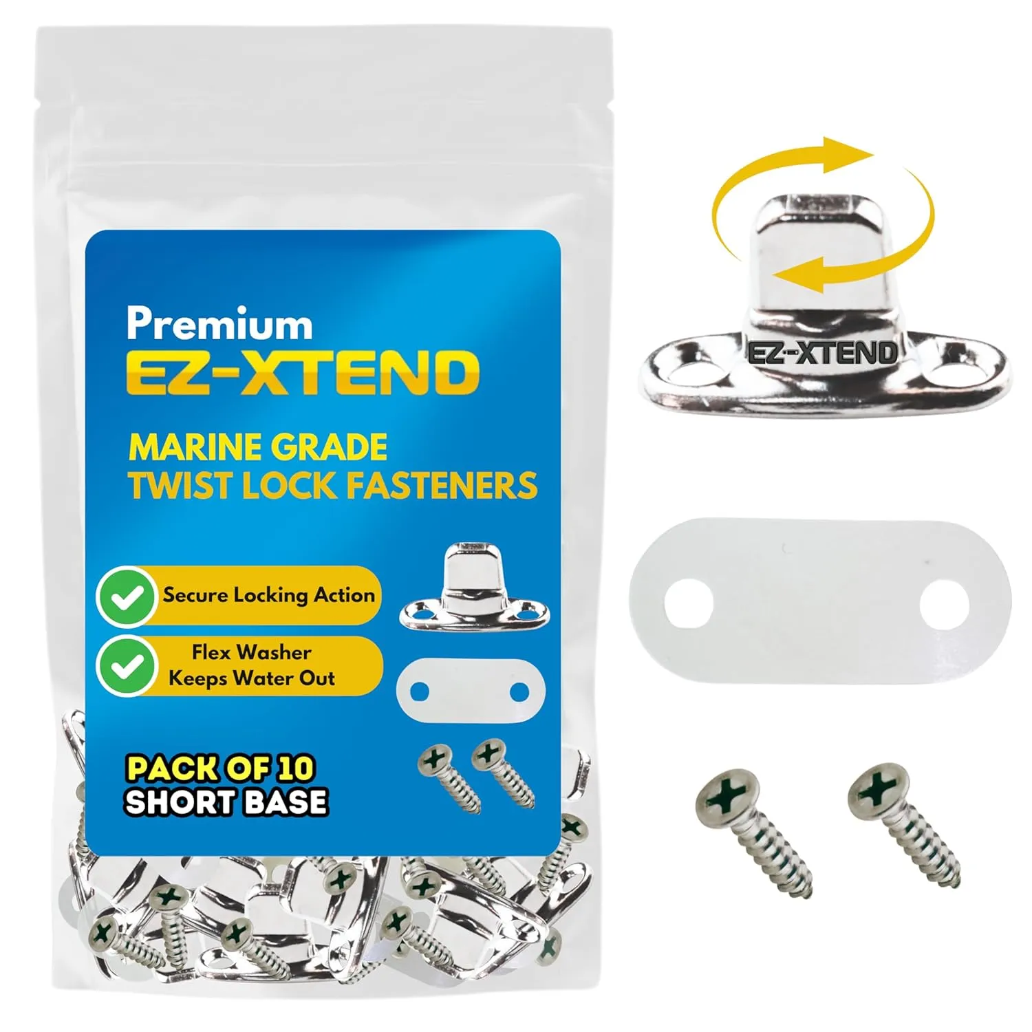 EZ-Xtend Marine Grade Twist Lock Fasteners - Nickel Plated Brass Turn Button Fastener with Stainless Steel Screws for Canvas, Marine Fastener Turn Buttons (Short Base - 10 PK)
