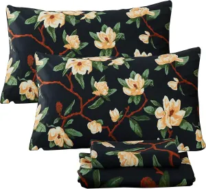 FADFAY Sheets Set King Shabby Black and Yellow Floral Bedding Elegant Peony Sheets Set Vintage Farmhouse Bedding Soft 100% Egyptian Cotton 800 Thread Count Deep Pocket Fitted Sheet, 4Pcs-King Size