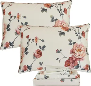 FADFAY Sheets Set Queen Shabby Beige Floral Bedding Elegant Peony Sheets Set Vintage Flower Bedding Collections Soft 100% Egyptian Cotton 800 Thread Count Deep Pocket Fitted Sheet, 4Pcs-Queen Size