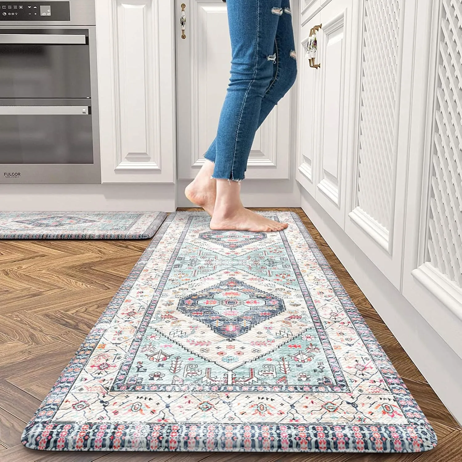 Farmhouse Kitchen Mat 2 PCS, Cushioned Anti Fatigue Kitchen Rug, Non-Slip Waterproof Standing Mat PVC Farmhouse Comfort Foam Rug for Kitchen Sink,Hmoe,Office,Laundry(Blue)