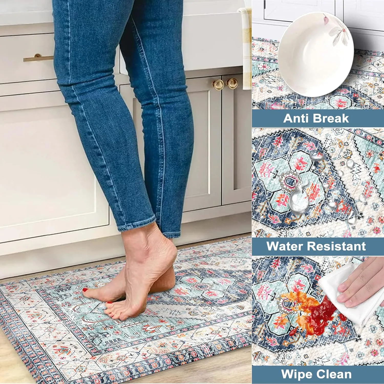Farmhouse Kitchen Mat 2 PCS, Cushioned Anti Fatigue Kitchen Rug, Non-Slip Waterproof Standing Mat PVC Farmhouse Comfort Foam Rug for Kitchen Sink,Hmoe,Office,Laundry(Blue)