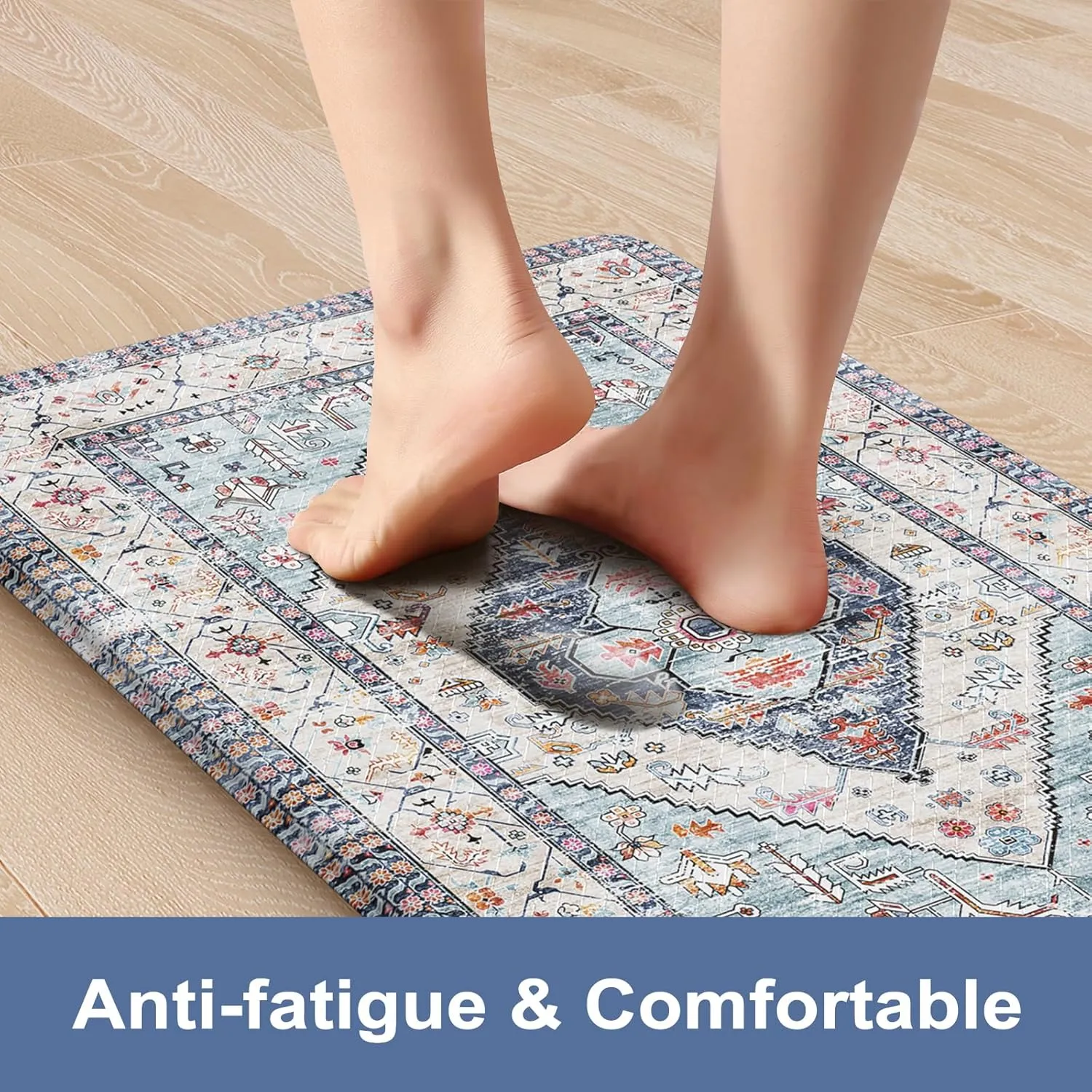 Farmhouse Kitchen Mat 2 PCS, Cushioned Anti Fatigue Kitchen Rug, Non-Slip Waterproof Standing Mat PVC Farmhouse Comfort Foam Rug for Kitchen Sink,Hmoe,Office,Laundry(Blue)