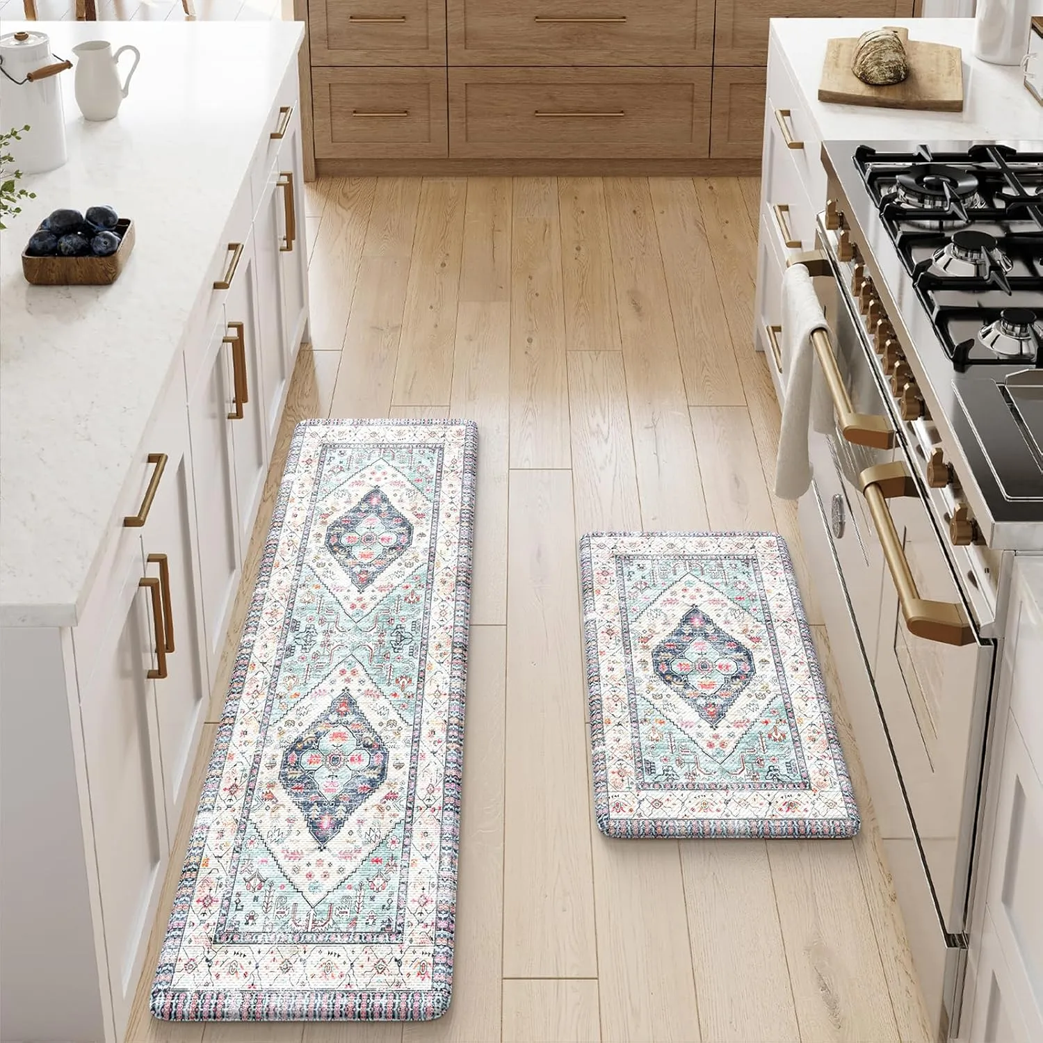 Farmhouse Kitchen Mat 2 PCS, Cushioned Anti Fatigue Kitchen Rug, Non-Slip Waterproof Standing Mat PVC Farmhouse Comfort Foam Rug for Kitchen Sink,Hmoe,Office,Laundry(Blue)