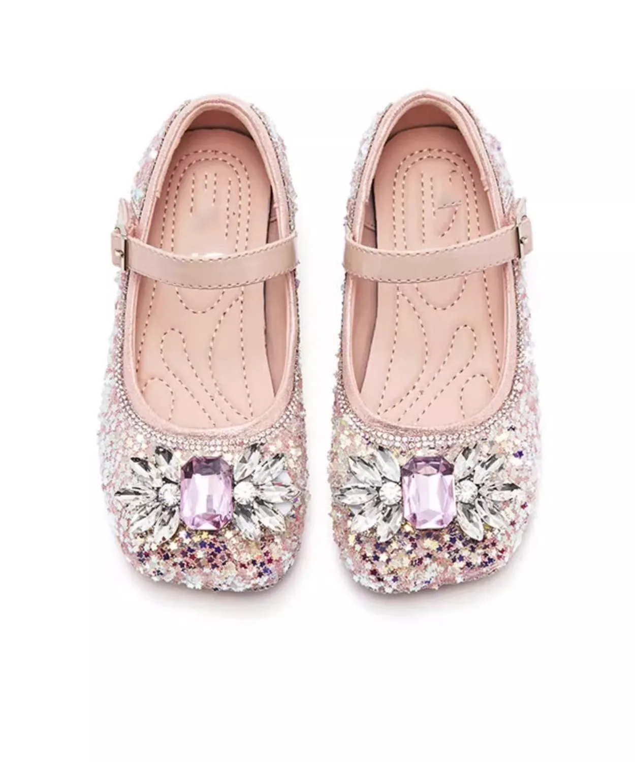 Fashion Pink Crystal Buckle Strap Girls Flat Shoes