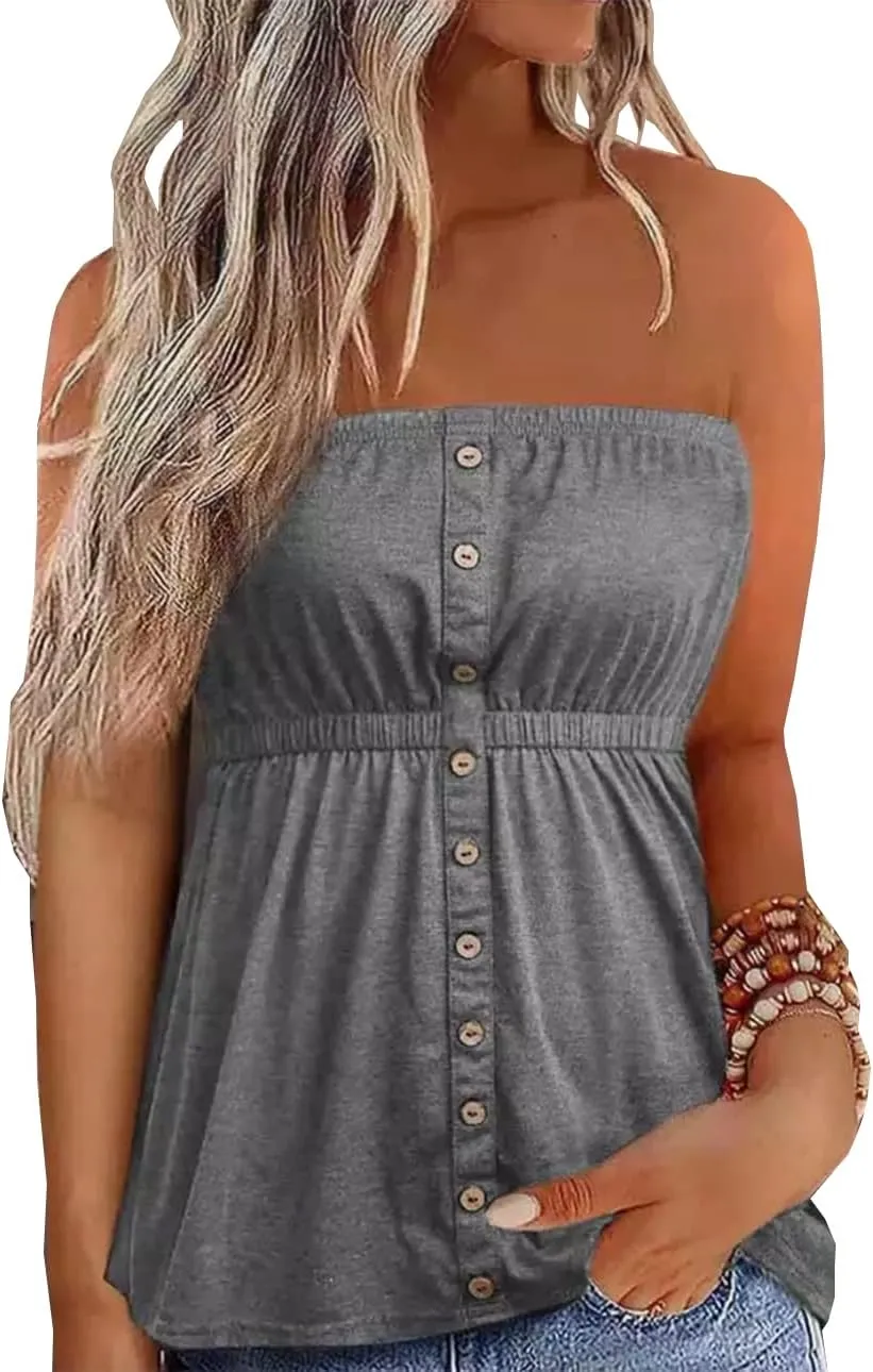 FECAFO Button Strapless Bandeau Tank Women Sleeveless Backless Tube Tops Pleated Summer Casual Holiday Tanks Shirt Blouse