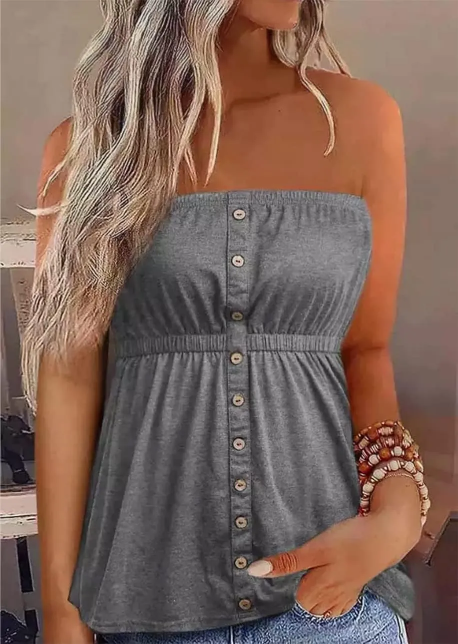 FECAFO Button Strapless Bandeau Tank Women Sleeveless Backless Tube Tops Pleated Summer Casual Holiday Tanks Shirt Blouse
