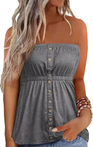 FECAFO Button Strapless Bandeau Tank Women Sleeveless Backless Tube Tops Pleated Summer Casual Holiday Tanks Shirt Blouse
