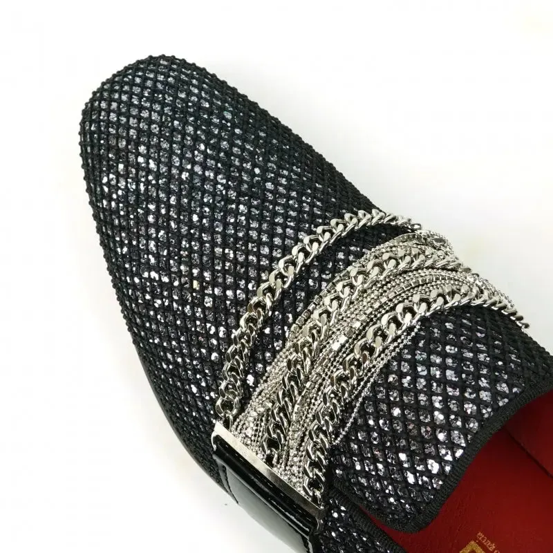 Fiesso FI-7528 Black Silver Slip on With Silver Chain Encore Loafers