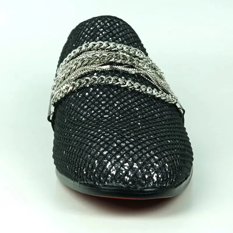 Fiesso FI-7528 Black Silver Slip on With Silver Chain Encore Loafers