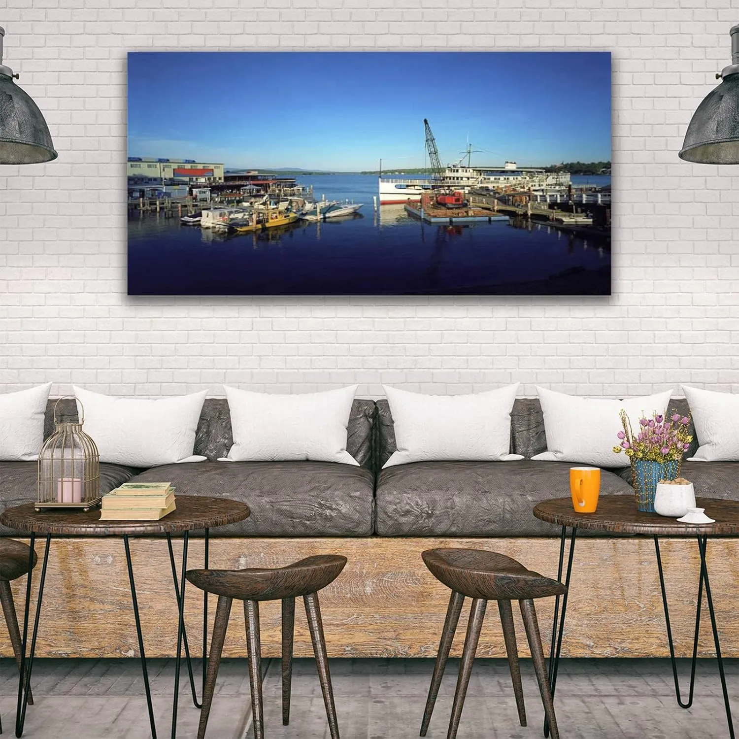 Framed Canvas Wall Art Print On Canvas Dock and Boat at The Lake Pictures Posters Artwork for Living Room Bedroom Ready to Hang Wall Decor 20X40
