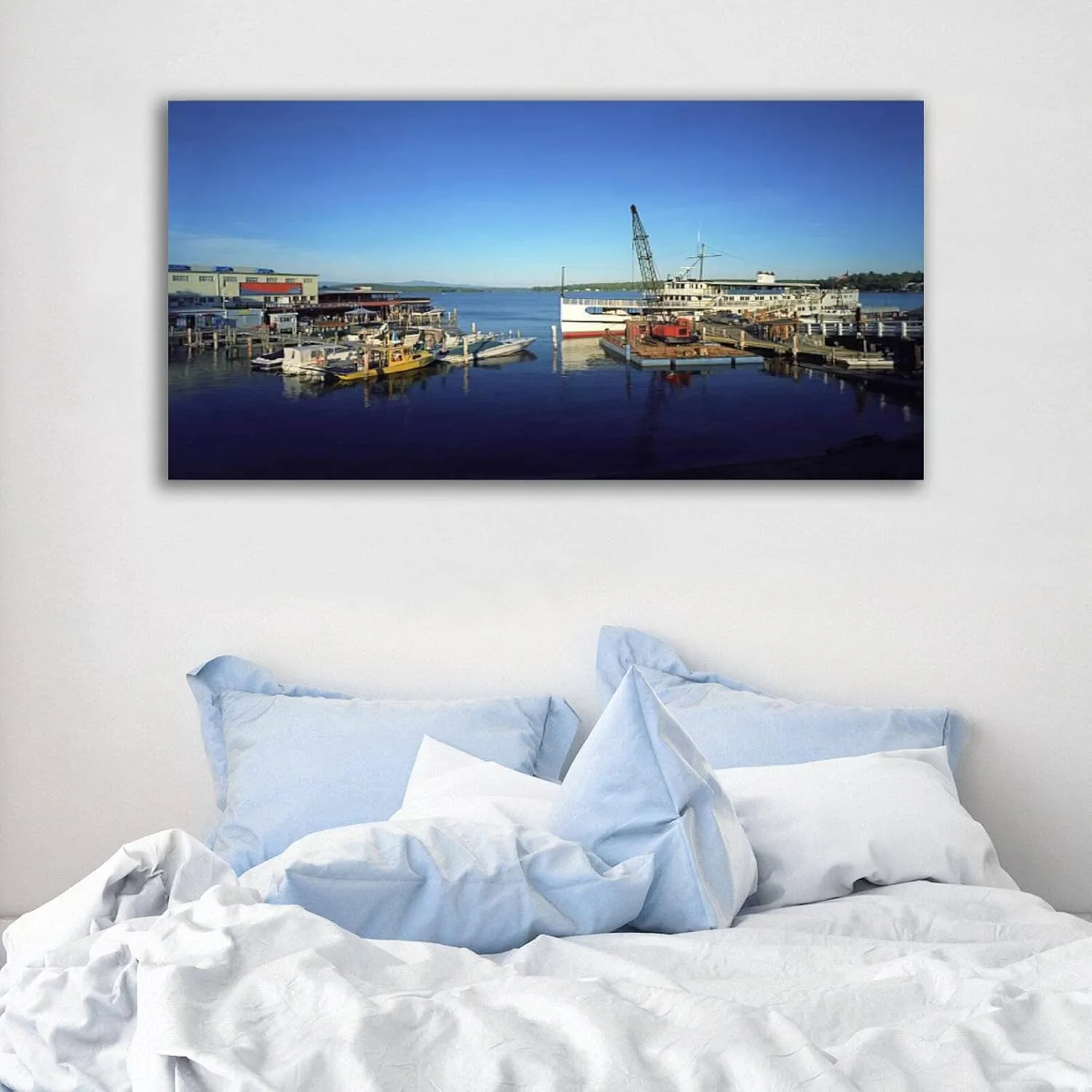 Framed Canvas Wall Art Print On Canvas Dock and Boat at The Lake Pictures Posters Artwork for Living Room Bedroom Ready to Hang Wall Decor 20X40