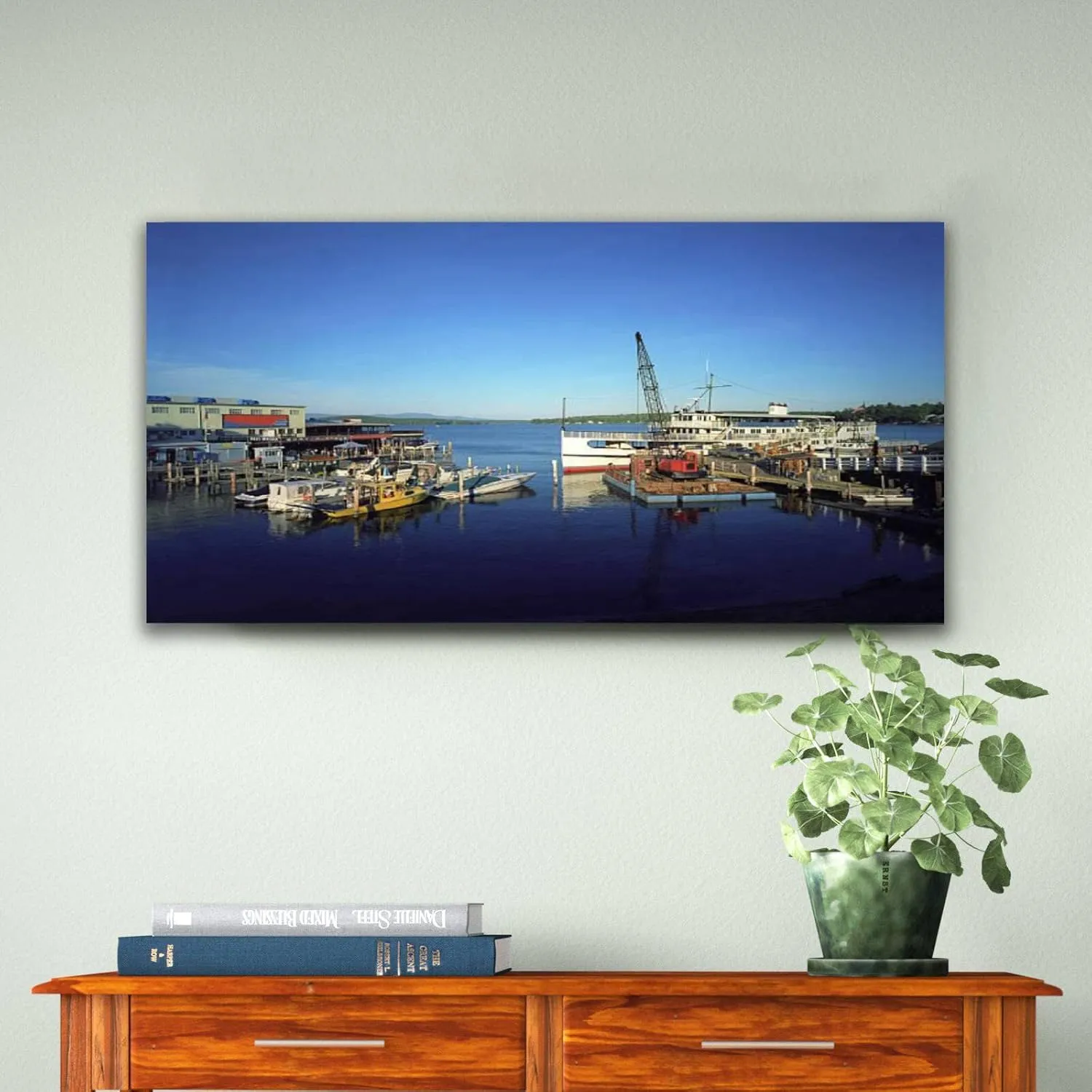 Framed Canvas Wall Art Print On Canvas Dock and Boat at The Lake Pictures Posters Artwork for Living Room Bedroom Ready to Hang Wall Decor 20X40