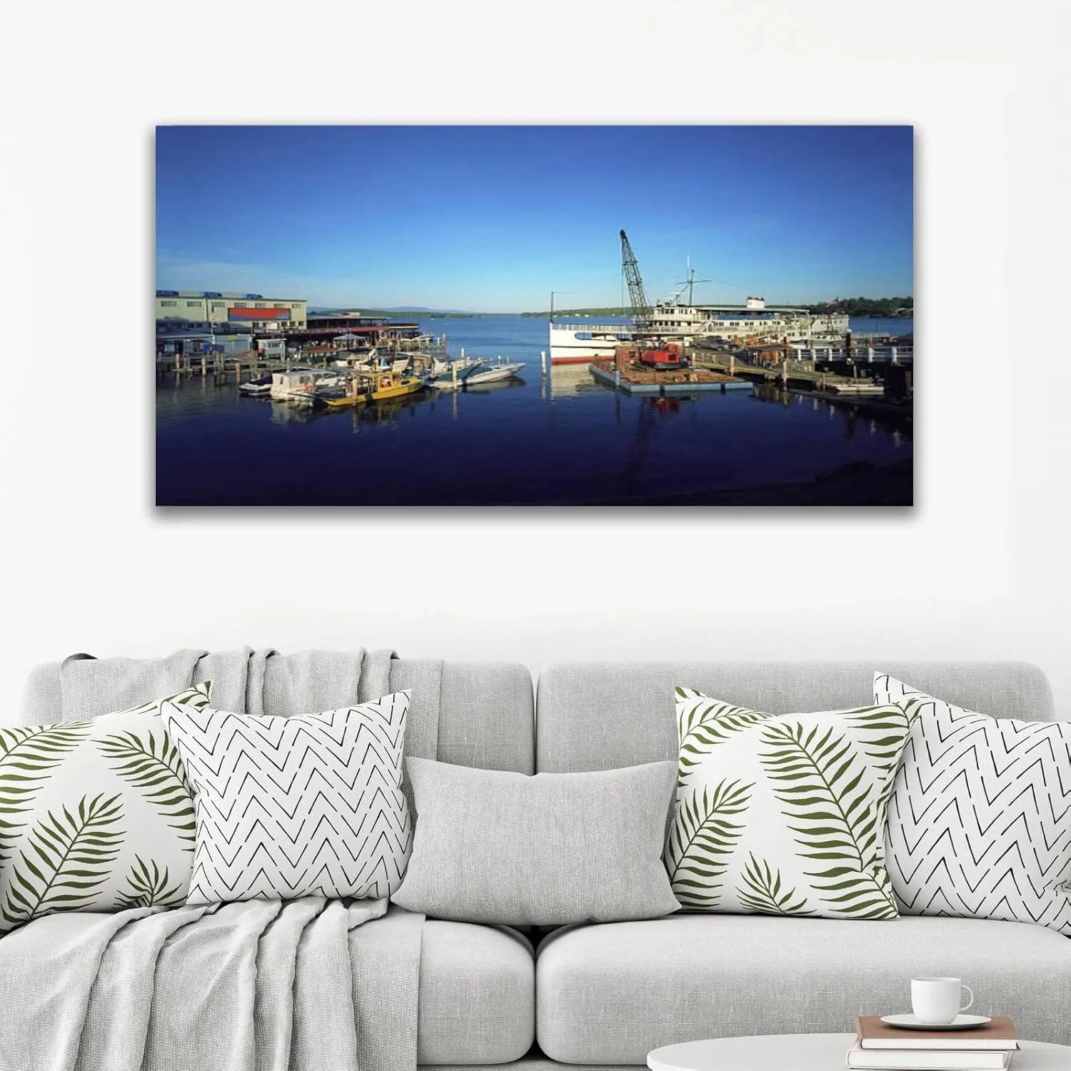 Framed Canvas Wall Art Print On Canvas Dock and Boat at The Lake Pictures Posters Artwork for Living Room Bedroom Ready to Hang Wall Decor 20X40