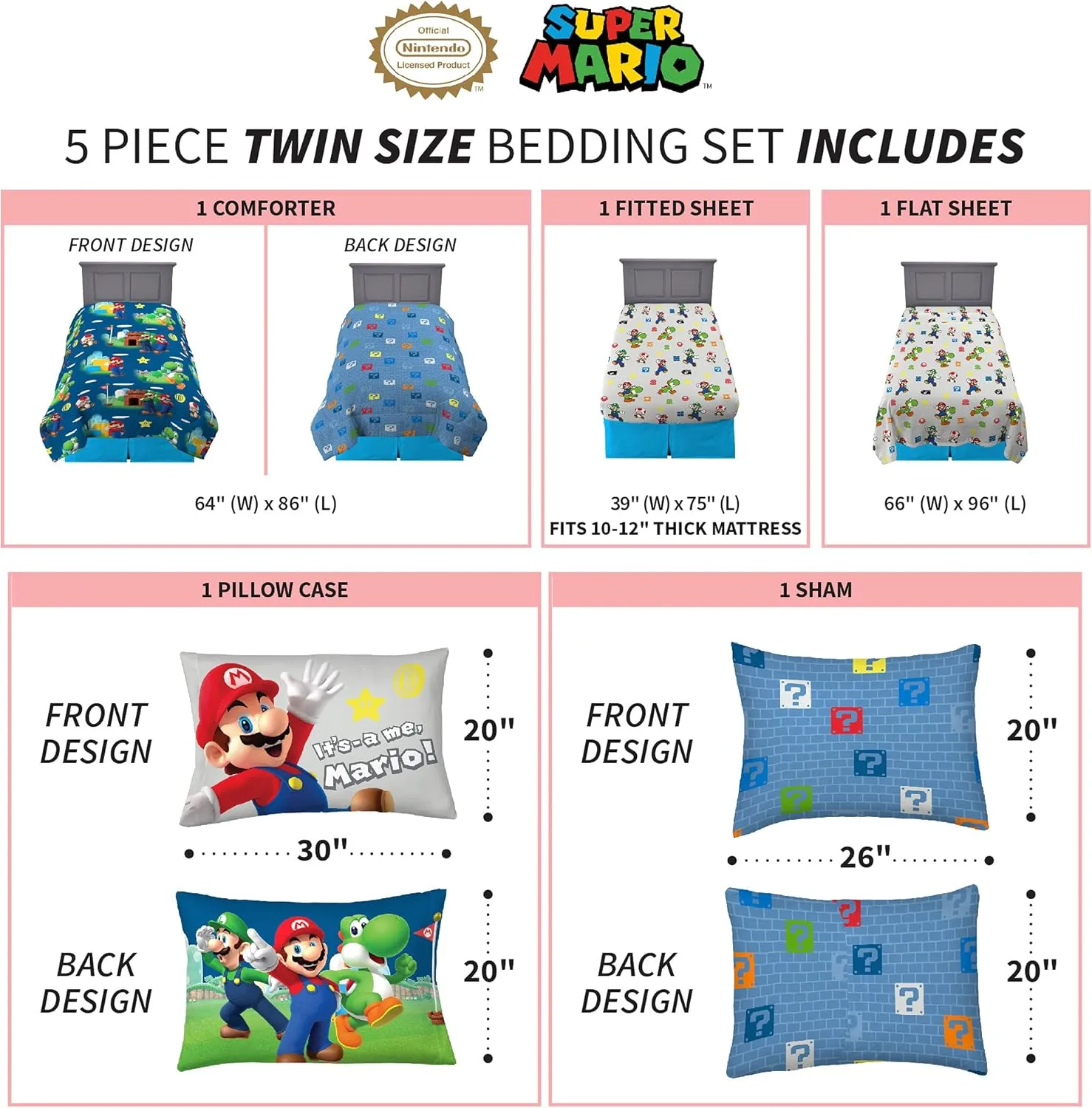 Franco Kids Bedding Super Soft Comforter and Sheet Set with Sham, 5 Piece Twin Size, Mario