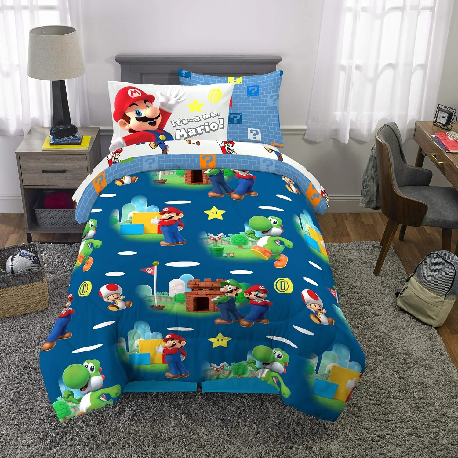 Franco Kids Bedding Super Soft Comforter and Sheet Set with Sham, 5 Piece Twin Size, Mario