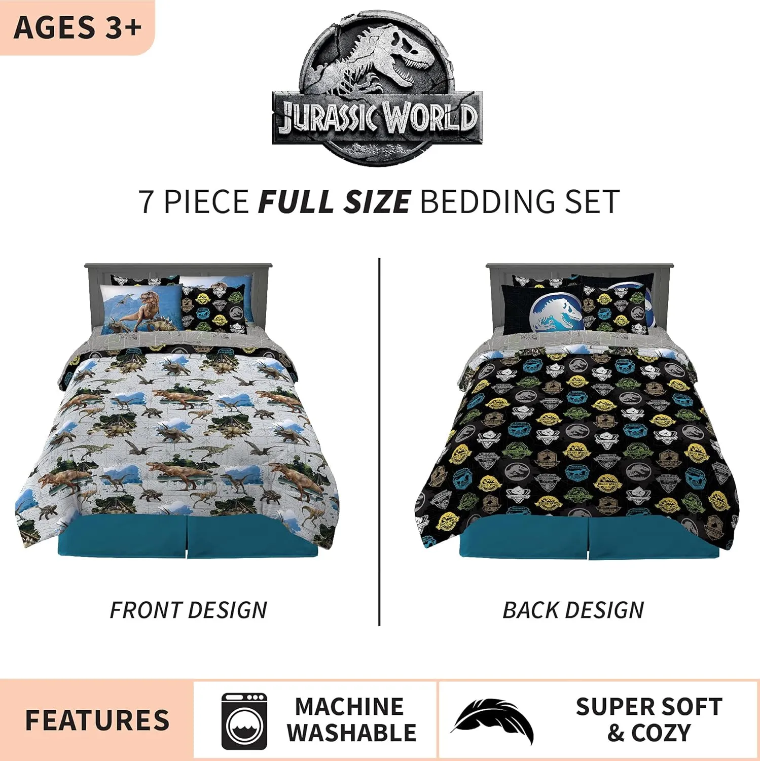 Franco Kids Bedding Super Soft Comforter and Sheet Set with Sham, 7 Piece Full Size, Jurassic World