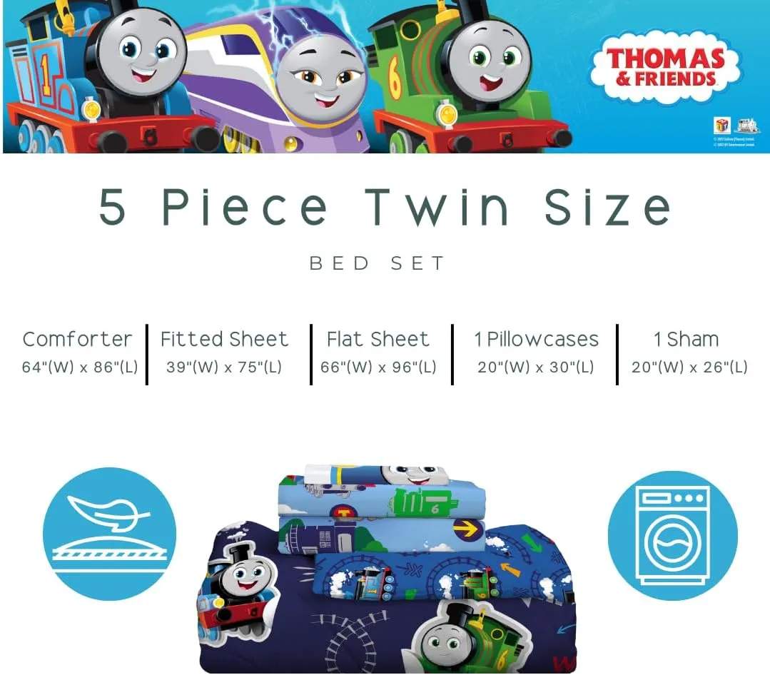 Franco Thomas & Friends Kids Bedding Super Soft Comforter and Sheet Set with Sham, 5 Piece Twin Size, (Officially Licensed Product)