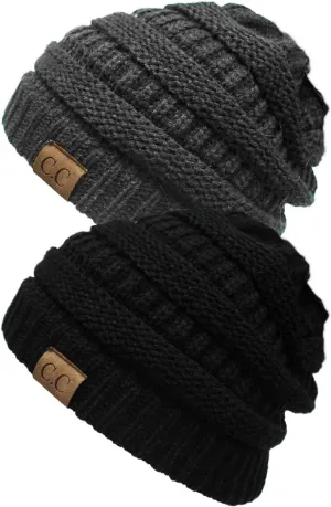 Funky Junque Solid Ribbed Beanie Soft Stretch Cable Knit Slouchy Hat Warm Skull Cap