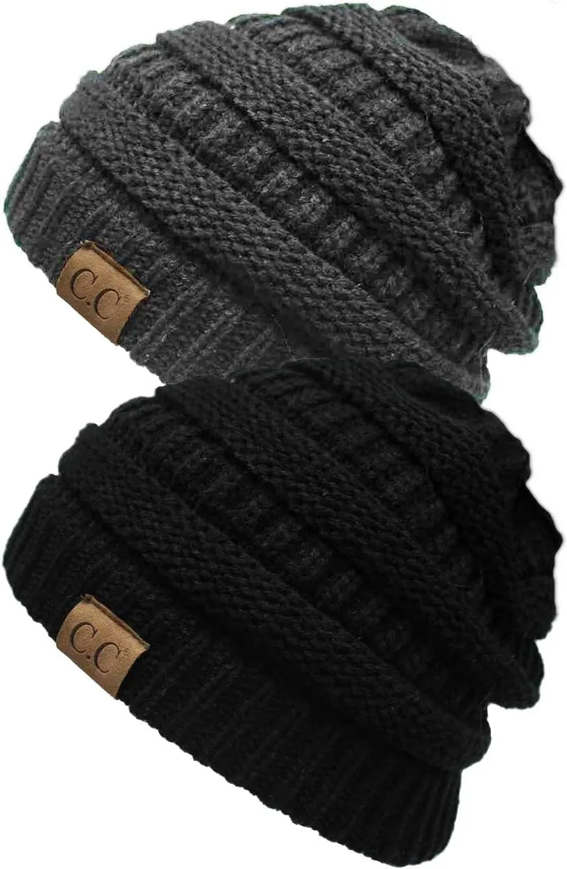 Funky Junque Solid Ribbed Beanie Soft Stretch Cable Knit Slouchy Hat Warm Skull Cap