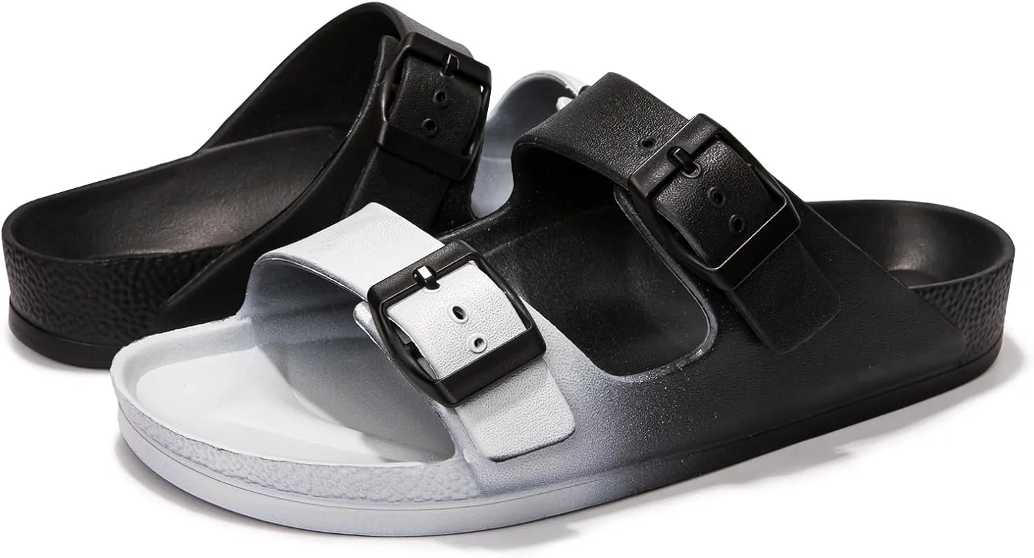FUNKYMONKEY Women's Comfort Slides Double Buckle Adjustable Plastics Flat Sandals