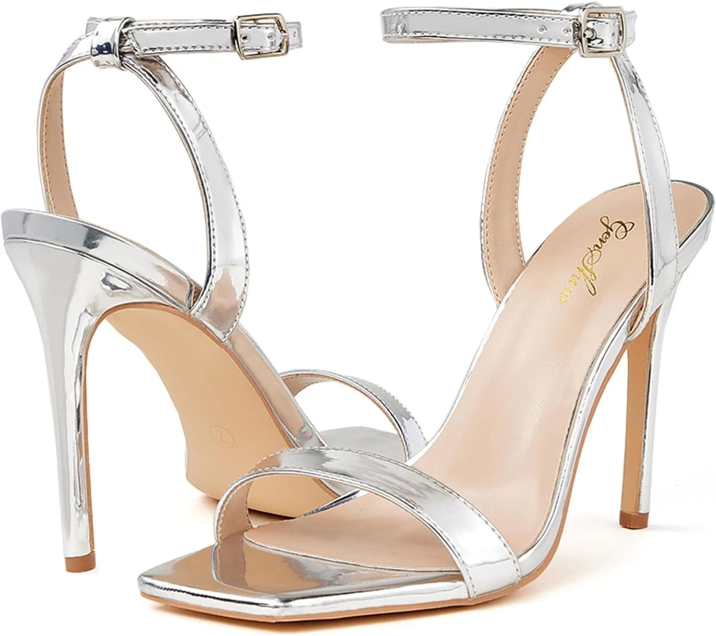 GENSHUO Women's High Heels Ankle Buckle Strap Stilettos Open Square Toe Dressy Sexy Strappy Sandals for Party Prom Homecoming Dressy Shoes