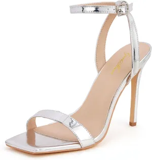 GENSHUO Women's High Heels Ankle Buckle Strap Stilettos Open Square Toe Dressy Sexy Strappy Sandals for Party Prom Homecoming Dressy Shoes