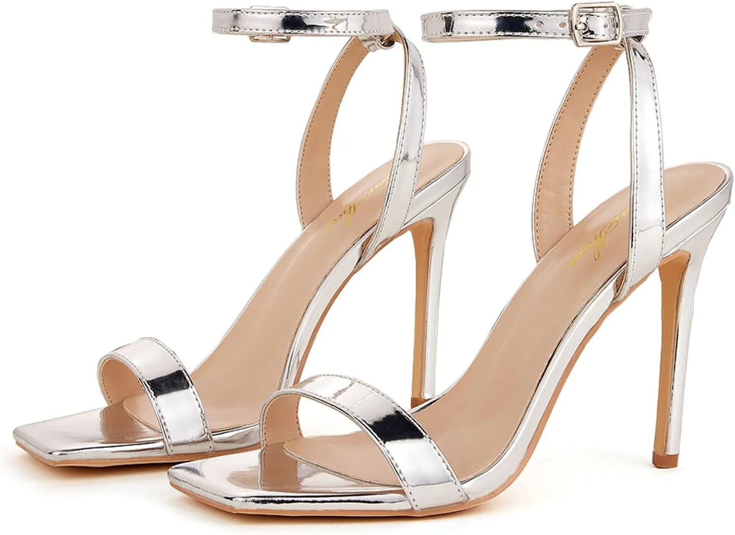 GENSHUO Women's High Heels Ankle Buckle Strap Stilettos Open Square Toe Dressy Sexy Strappy Sandals for Party Prom Homecoming Dressy Shoes