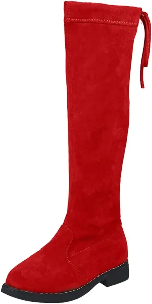 Girls Thigh High Over The Knee Boots Flat Low Heel Fall Winter Stretch Suede Long Round Toe Boots With Lace-Up Zipper