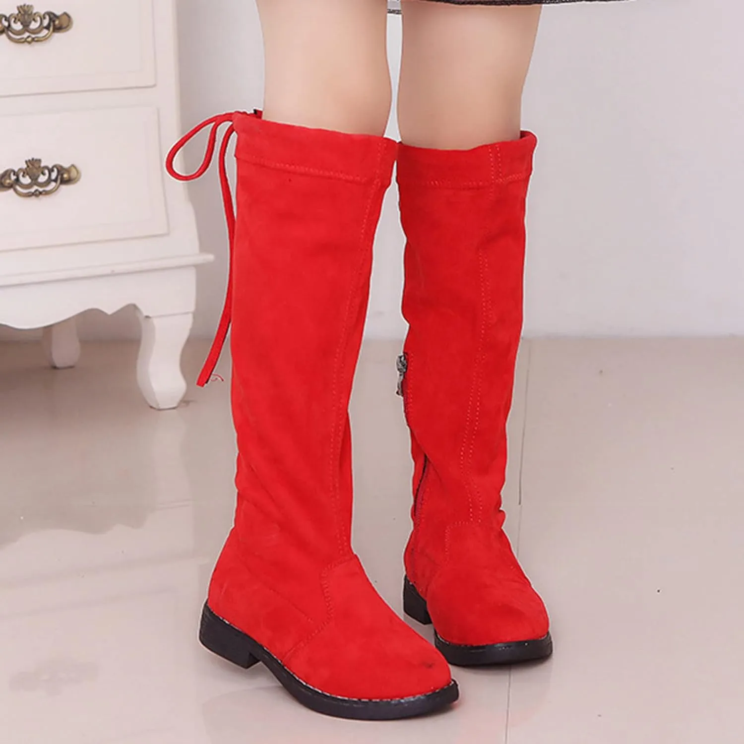 Girls Thigh High Over The Knee Boots Flat Low Heel Fall Winter Stretch Suede Long Round Toe Boots With Lace-Up Zipper