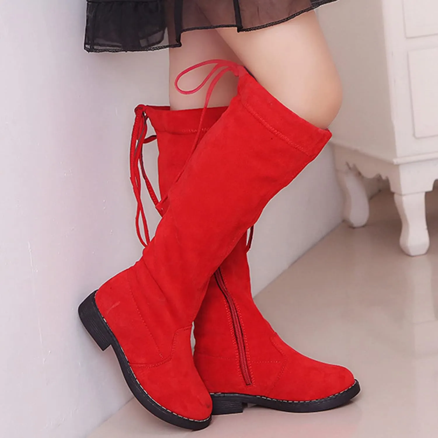 Girls Thigh High Over The Knee Boots Flat Low Heel Fall Winter Stretch Suede Long Round Toe Boots With Lace-Up Zipper