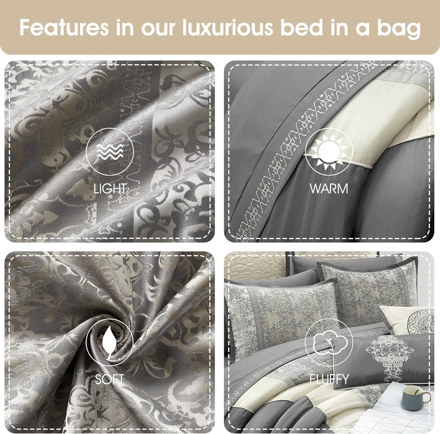 Grand Avenue Silver & Ivory Comforter Set Queen Size, Classic Jacquard Bedding Sets, Faux Silk, Premium Microfiber, 12 Pieces Bed in a Bag, Matching Fitted Sheet, Flat Sheet