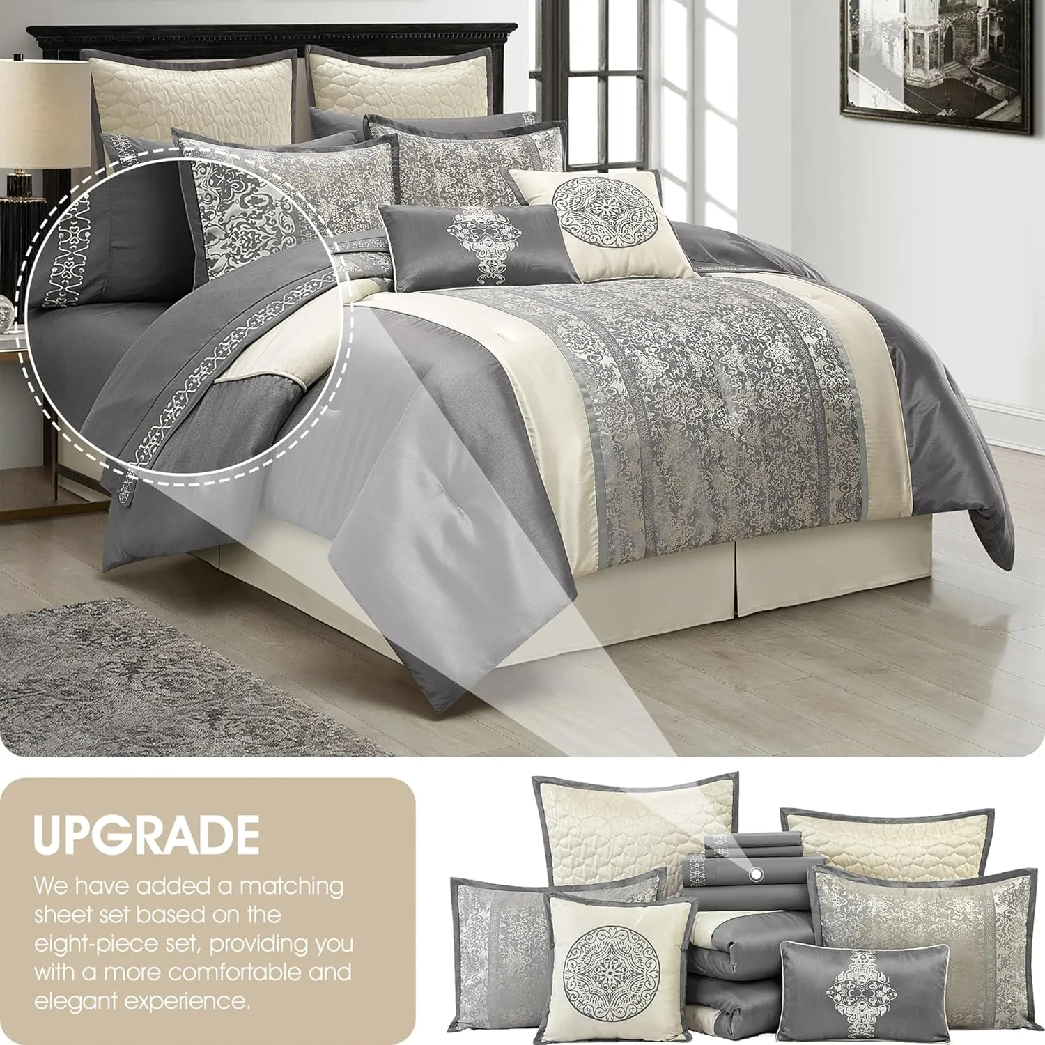 Grand Avenue Silver & Ivory Comforter Set Queen Size, Classic Jacquard Bedding Sets, Faux Silk, Premium Microfiber, 12 Pieces Bed in a Bag, Matching Fitted Sheet, Flat Sheet