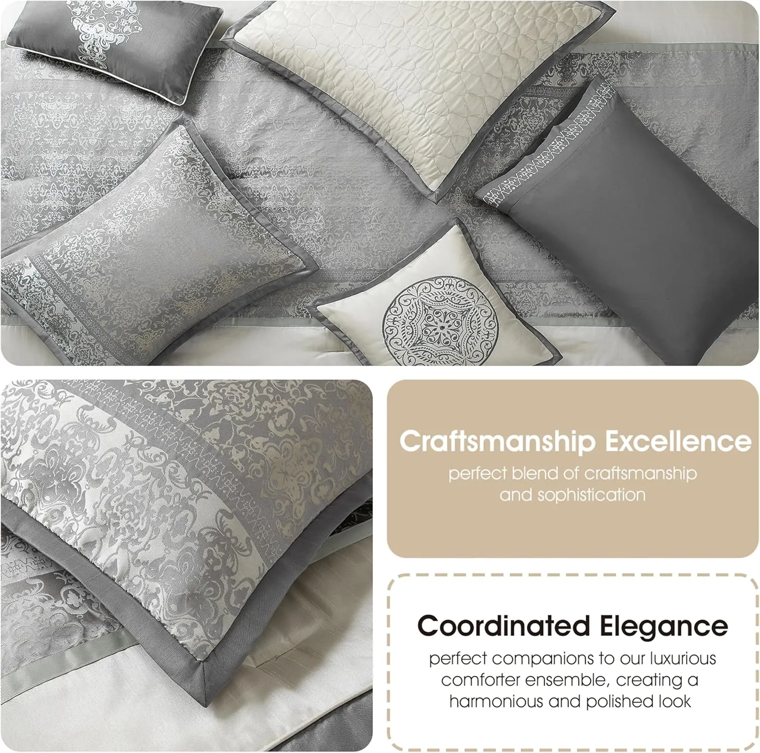 Grand Avenue Silver & Ivory Comforter Set Queen Size, Classic Jacquard Bedding Sets, Faux Silk, Premium Microfiber, 12 Pieces Bed in a Bag, Matching Fitted Sheet, Flat Sheet
