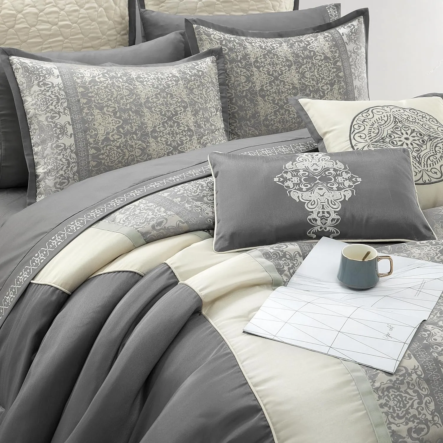 Grand Avenue Silver & Ivory Comforter Set Queen Size, Classic Jacquard Bedding Sets, Faux Silk, Premium Microfiber, 12 Pieces Bed in a Bag, Matching Fitted Sheet, Flat Sheet