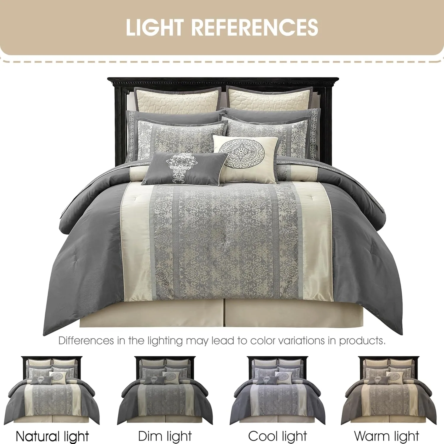 Grand Avenue Silver & Ivory Comforter Set Queen Size, Classic Jacquard Bedding Sets, Faux Silk, Premium Microfiber, 12 Pieces Bed in a Bag, Matching Fitted Sheet, Flat Sheet