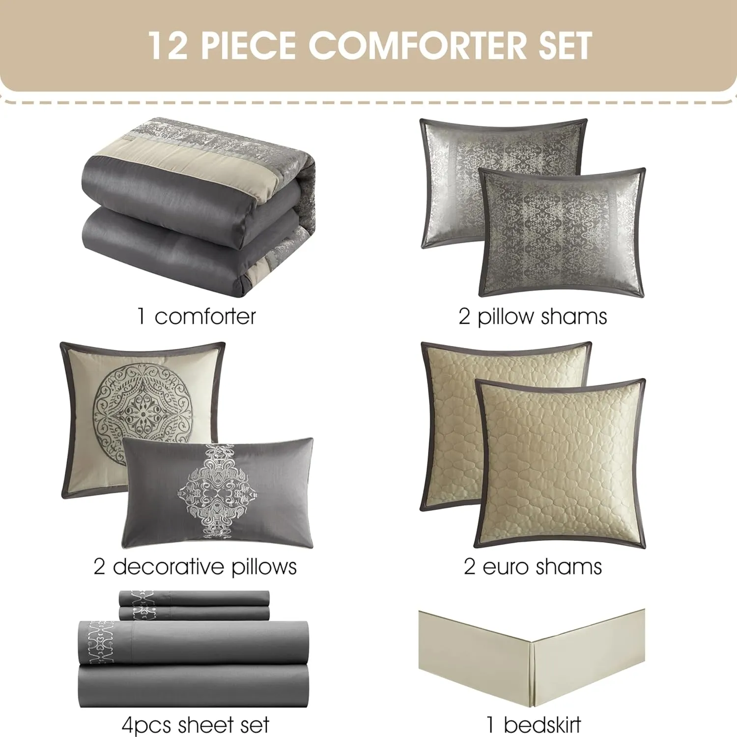 Grand Avenue Silver & Ivory Comforter Set Queen Size, Classic Jacquard Bedding Sets, Faux Silk, Premium Microfiber, 12 Pieces Bed in a Bag, Matching Fitted Sheet, Flat Sheet
