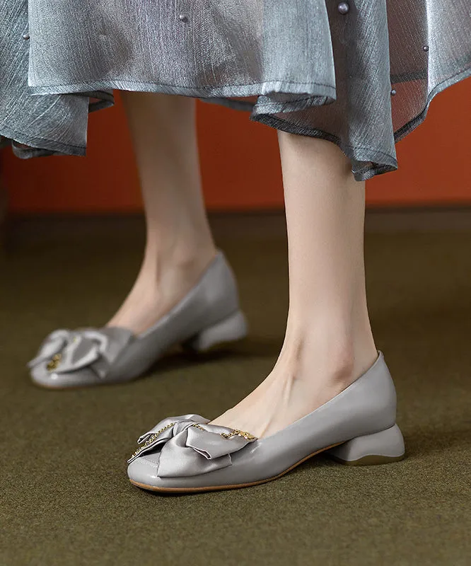 Grey Cowhide Classy Flat Splicing Shoes Chunky Leather Bow