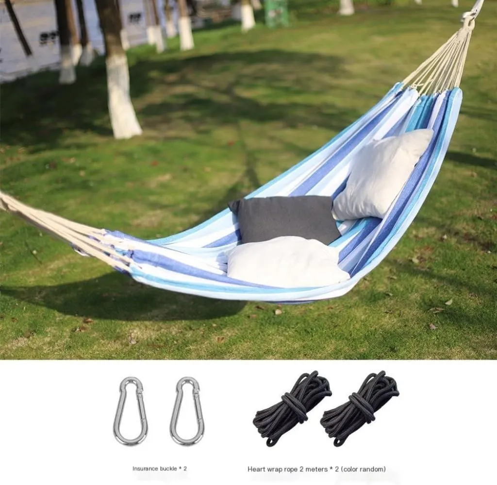 Hammock Outdoor Hammock Woven Tassel Thick Canvas Straight Stick Anti-Rollover Leisure Camping Single Double Swing Hammocks for Outside(Blue,A)