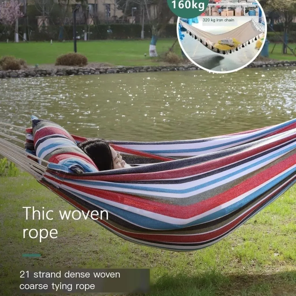 Hammock Outdoor Hammock Woven Tassel Thick Canvas Straight Stick Anti-Rollover Leisure Camping Single Double Swing Hammocks for Outside(Blue,A)