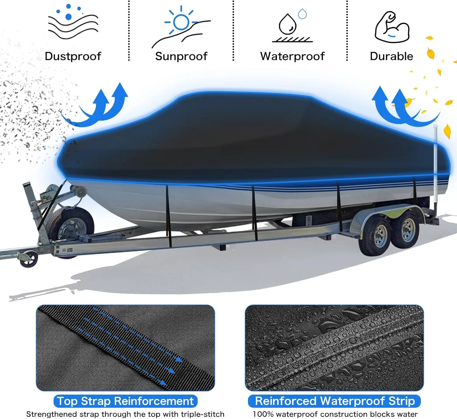 Heavy Duty 1200D PU Waterproof Boat Cover, 17'-19' Trailerable Marine Grade Polyester Canvas, Fits 17-19ft V-Hull, Bass, Runabout, Fishing, Ski Boat with Tightening Strap, Black