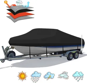 Heavy Duty 1200D PU Waterproof Boat Cover, 17'-19' Trailerable Marine Grade Polyester Canvas, Fits 17-19ft V-Hull, Bass, Runabout, Fishing, Ski Boat with Tightening Strap, Black
